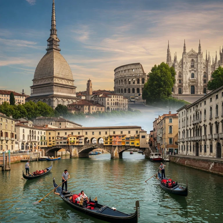 Un collage fotografico realistico che mostra simboli iconici di cinque importanti città italiane: la Mole Antonelliana di Torino, il Ponte Vecchio di Firenze, un canale con una gondola a Venezia, il Colosseo di Roma e il Duomo di Milano.